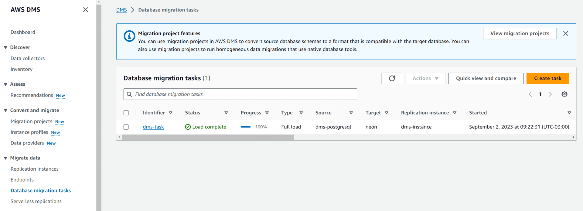 DMS database migration task status