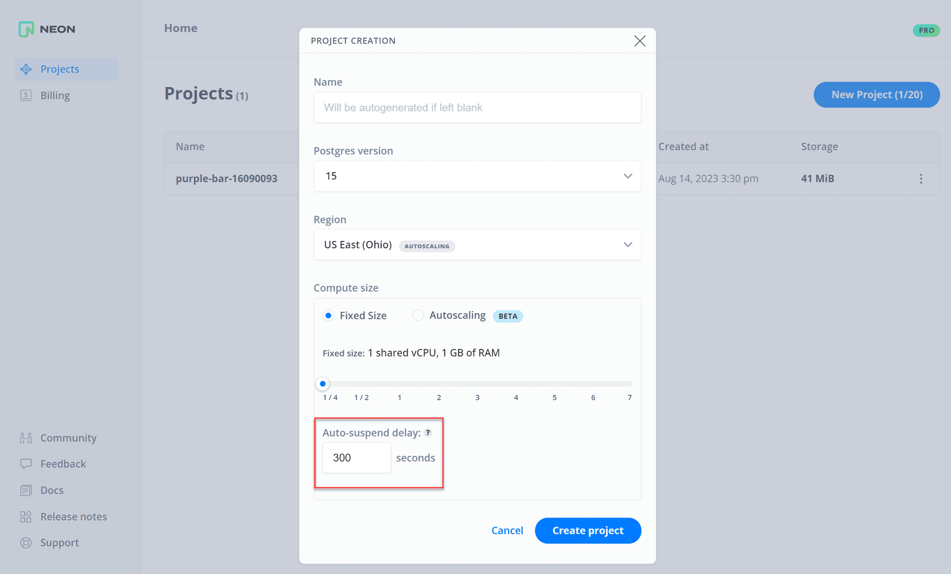 Auto-suspend delay project creation dialog