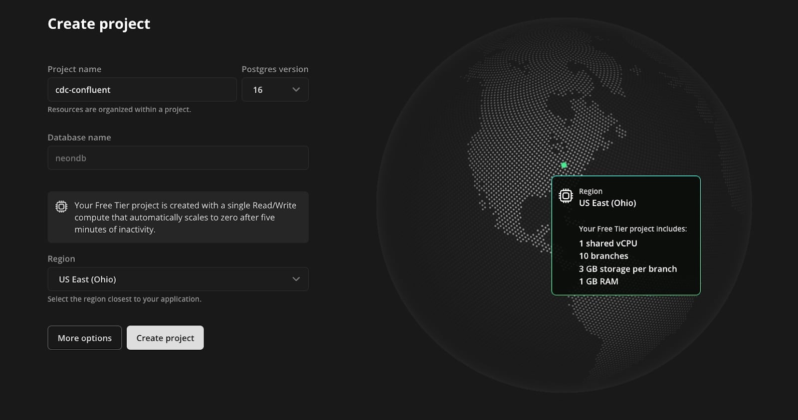 Creating your first project on https://console.neon.tech