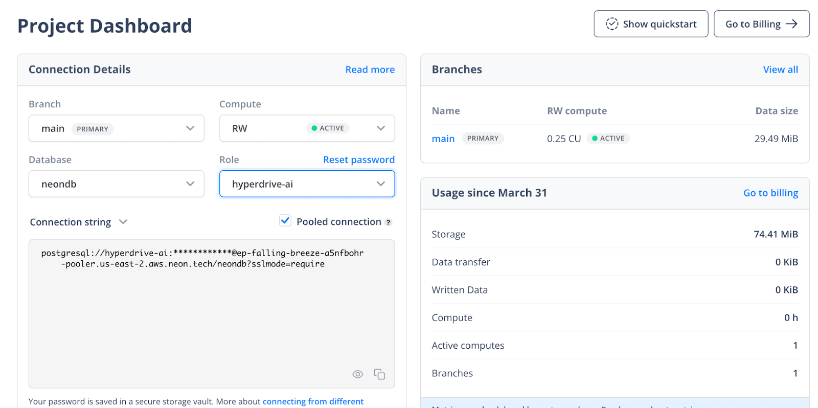 Neon Serverless Postgres project dashboard